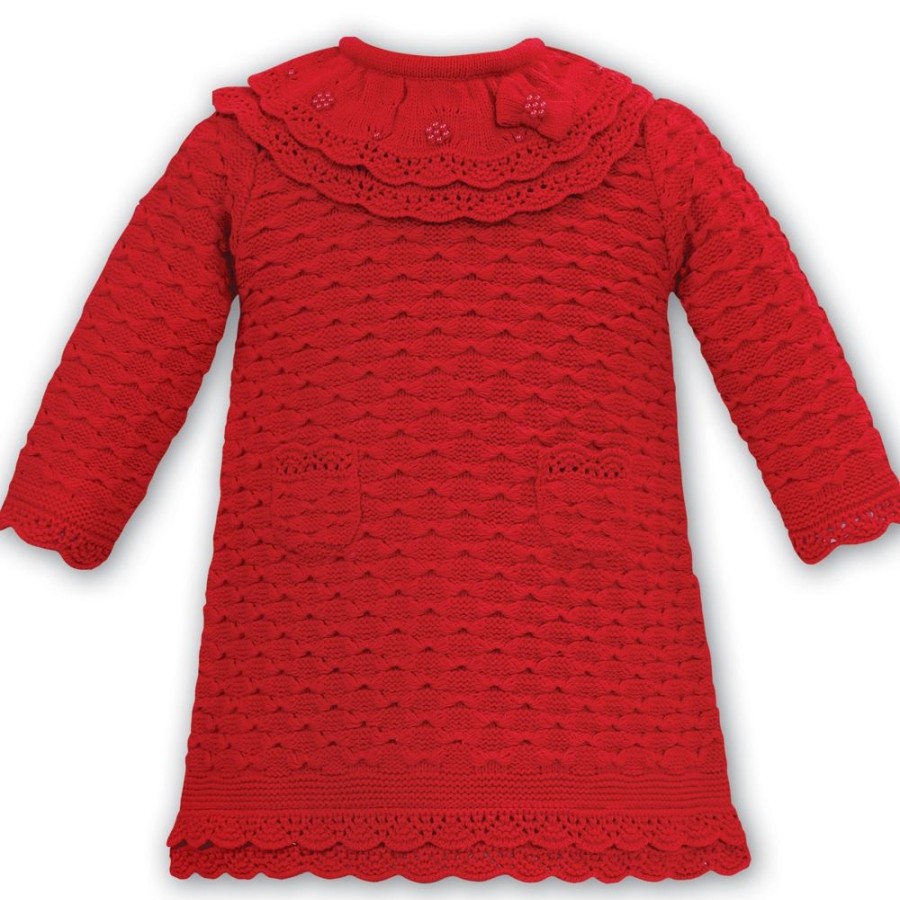 Clothing Sarah Louise Knitwear | Red Knitted Frill Collar Textured Dress