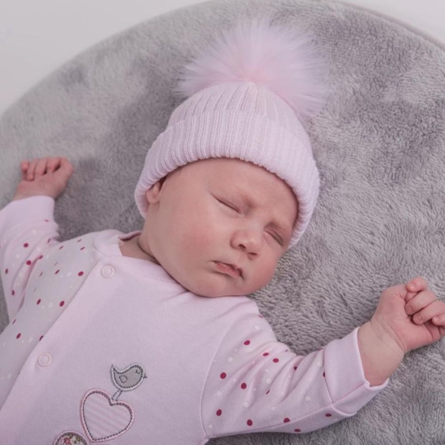 Clothing Millie & Ralph Hats | Fur Pom Hat | First Size Pink Ribbed Fur | Millie & Ralph