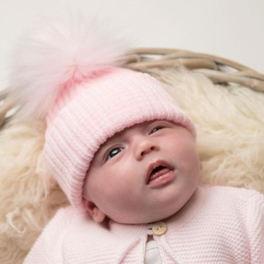 Clothing Millie & Ralph Hats | Fur Pom Hat | First Size Pink Ribbed Fur | Millie & Ralph