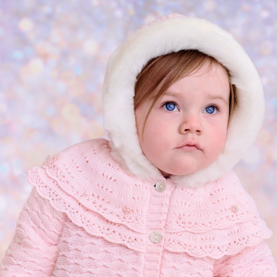 Clothing Sarah Louise Knitwear | Baby Pink Knitted Frill Fur Hood Coat