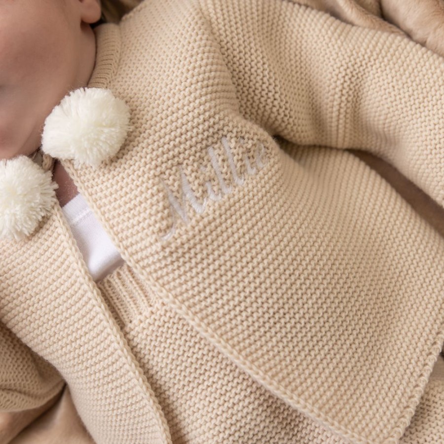 Personalised Dandelion | Personalised Taupe Knitted Pom 2 Piece Outfit