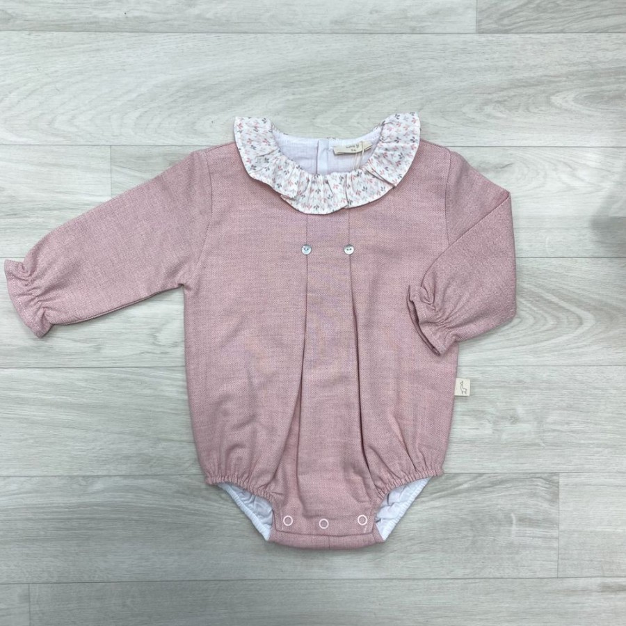 Clothing Millie & Ralph Rompers | Dusky Pink Long Sleeve Detail Collar Romper