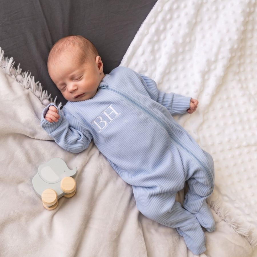 Clothing Millie & Ralph Sleepsuits | Embroidered Sleepsuit | Blue Ribbed Sleepsuit | Millie & Ralph