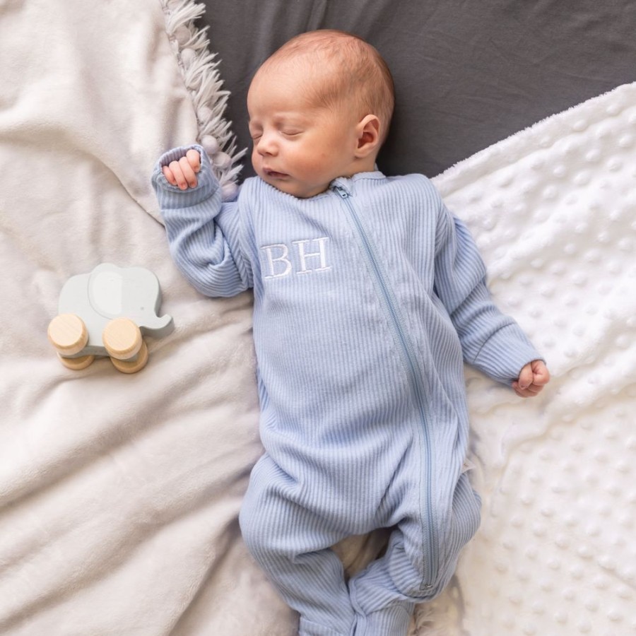 Clothing Millie & Ralph Sleepsuits | Embroidered Sleepsuit | Blue Ribbed Sleepsuit | Millie & Ralph