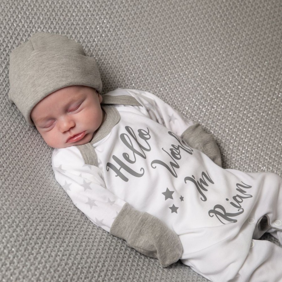 Personalised Millie & Ralph | Hello World I'M..' Light Grey Contrast Sleepsuit Set | Millie & Ralph