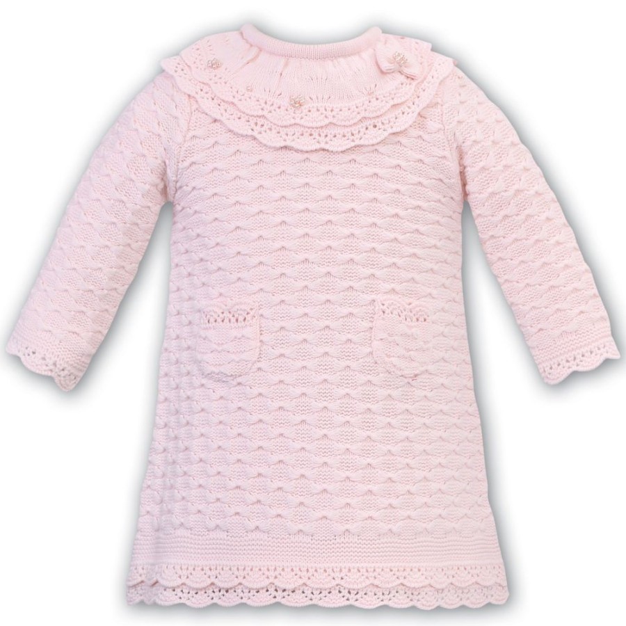 Clothing Sarah Louise Dresses | Pink Pearl Collar Knitted Long Sleeve Dress