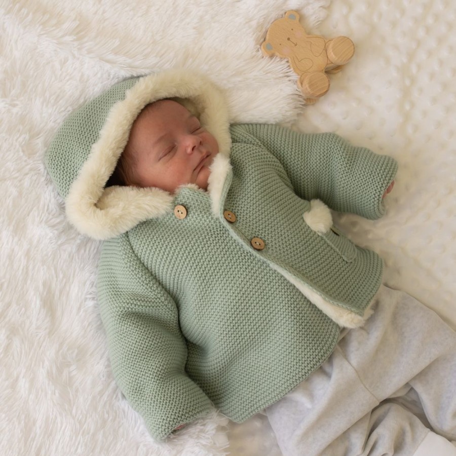 Clothing Pangasa Jackets, Coats & Pramsuits | Pangasa Soft Green Faux Fur Lined Pocket Knitted Jacket