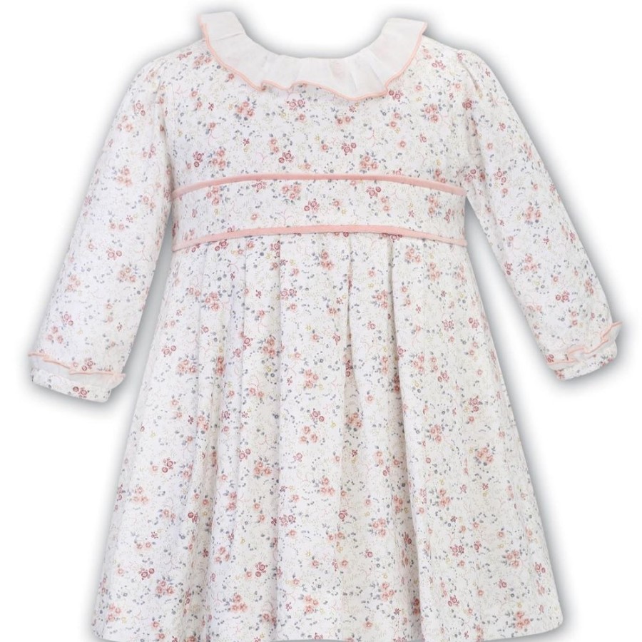 Clothing Sarah Louise Dresses | White & Pink Floral Dress With Frill Detail