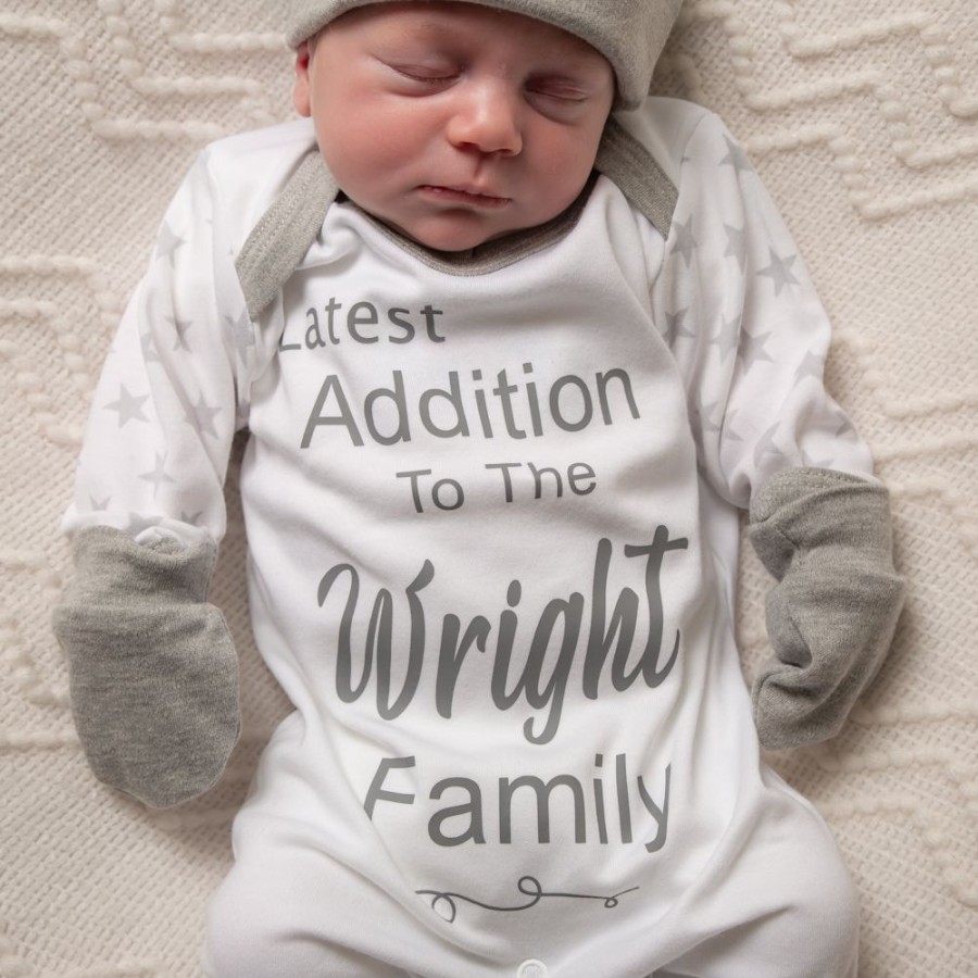 Personalised Millie & Ralph | Personalised 'Latest Addition To The...Family' Grey Sleepsuit Set