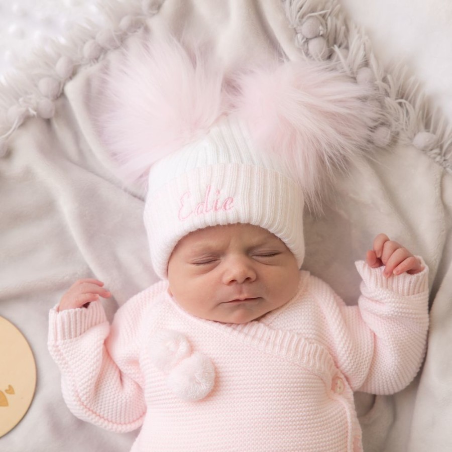 Clothing Millie & Ralph Hats | Pink & White Baby Personalised Pom Pom Hat | Millie & Ralph