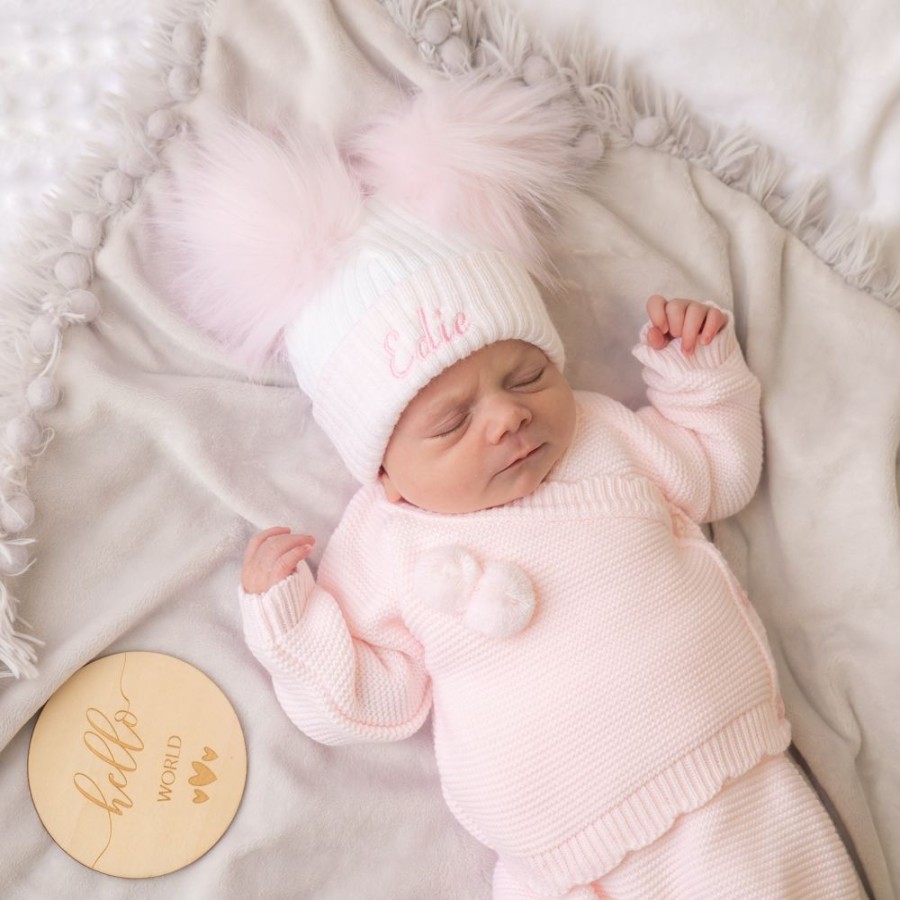 Clothing Millie & Ralph Hats | Pink & White Baby Personalised Pom Pom Hat | Millie & Ralph