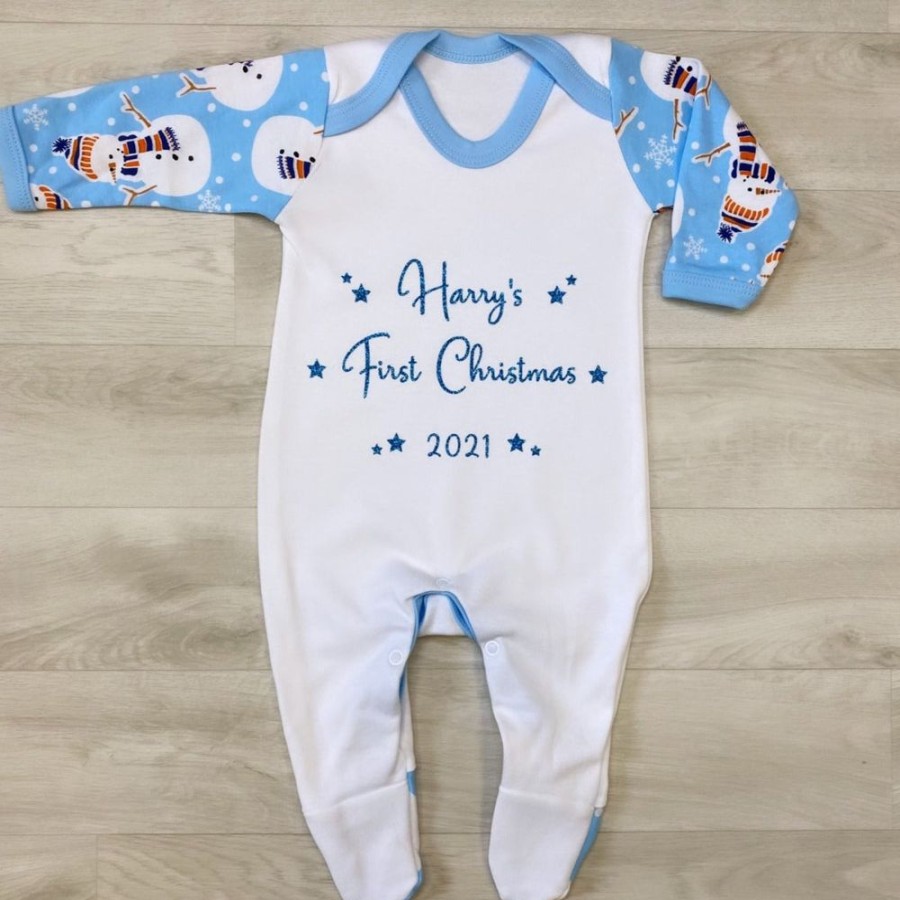 Clothing Millie & Ralph Sleepsuits | Personalised Blue Snowman 'First Christmas' Sleepsuit