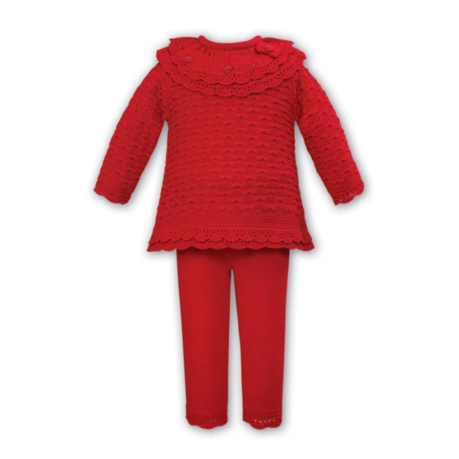 Clothing Sarah Louise Knitwear | Girls Red Knitted Frill Collar 2 Piece Set