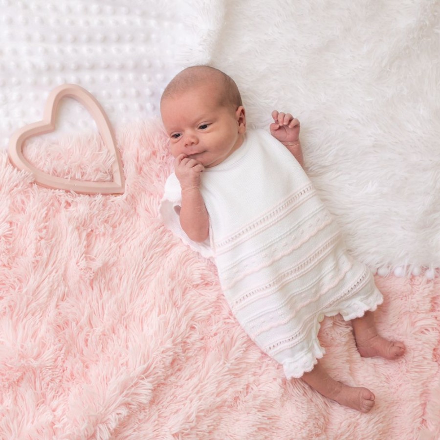 Clothing Dandelion Knitwear | Pink & White Knitted Pointelle Romper