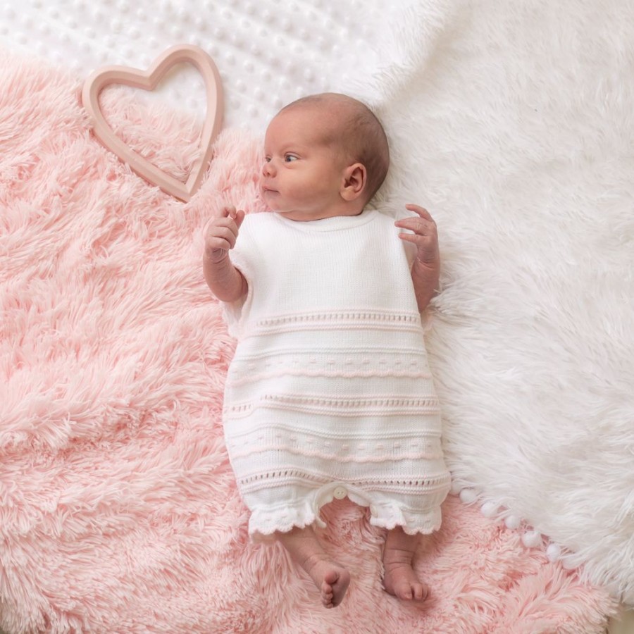 Clothing Dandelion Knitwear | Pink & White Knitted Pointelle Romper