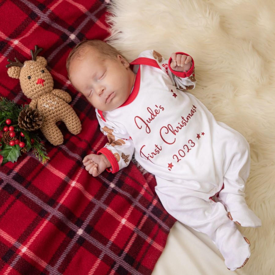 Clothing Millie & Ralph Sleepsuits | Personalised Red Gingerbread Man 'First Christmas' Sleepsuit