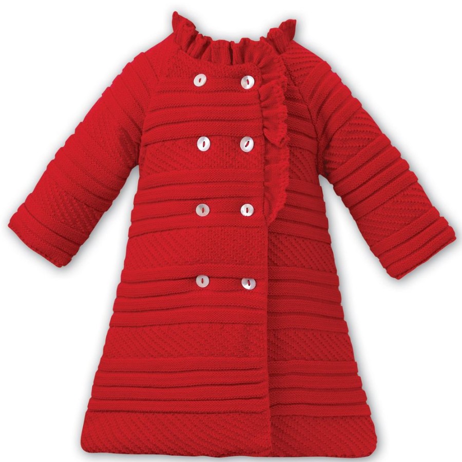 Clothing Sarah Louise Knitwear | Girls Red Frill Knitted Coat