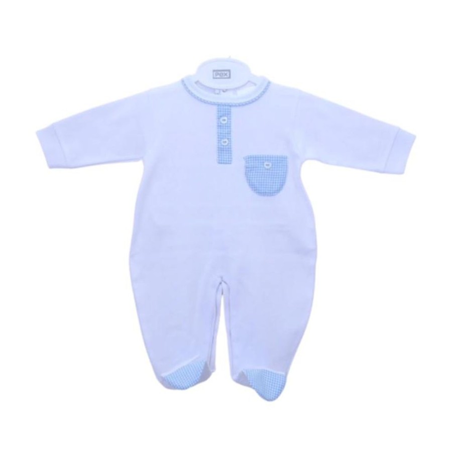 Clothing Pex Sleepsuits | White Blue Gingham Detail Pocket Sleepsuit