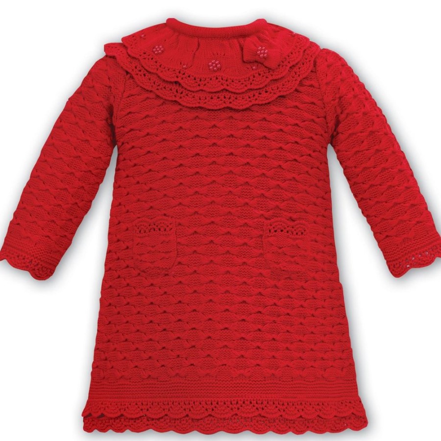 Clothing Sarah Louise Dresses | Red Knitted Frill Collar Textured Dress