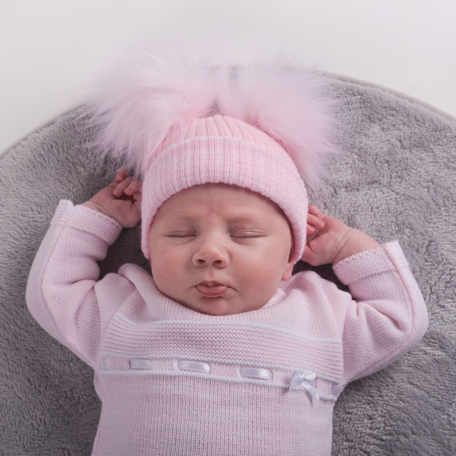 Clothing Millie & Ralph Hats | First Size Pink Ribbed Fur Double Pom Hat