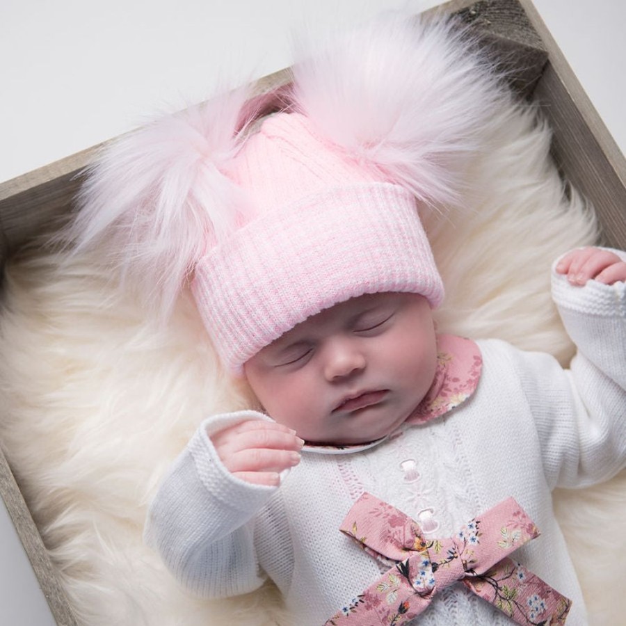 Clothing Millie & Ralph Hats | First Size Pink Ribbed Fur Double Pom Hat