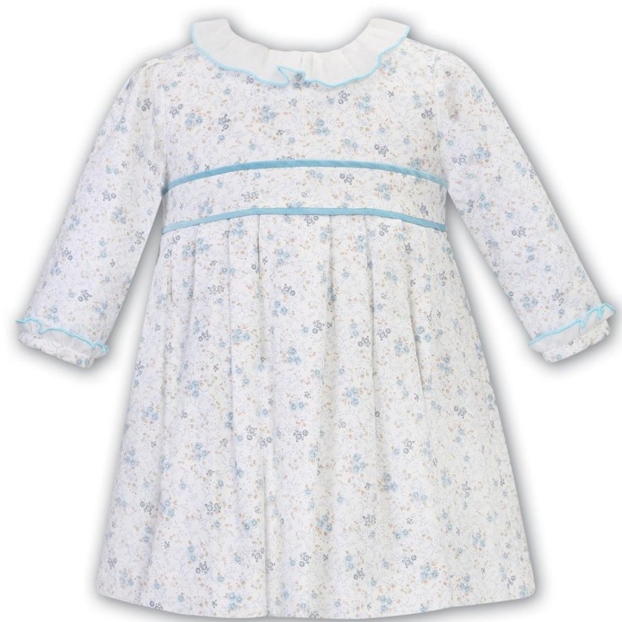 Clothing Sarah Louise Outfits | White & Blue Floral Dress With Frill Detail