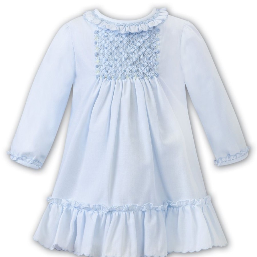 Clothing Sarah Louise Dresses | Blue Hand Smocked Ruffle Long Sleeved Dress