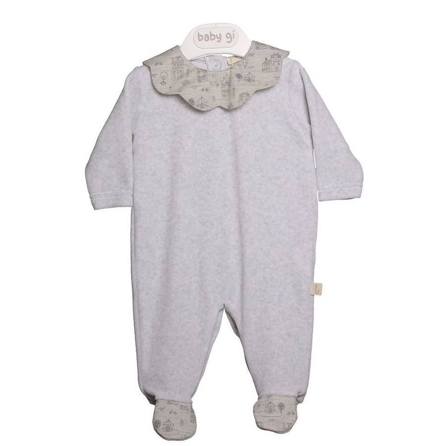 Clothing Millie & Ralph Sleepsuits | Grey Velour Village Print Frill Collar All In One