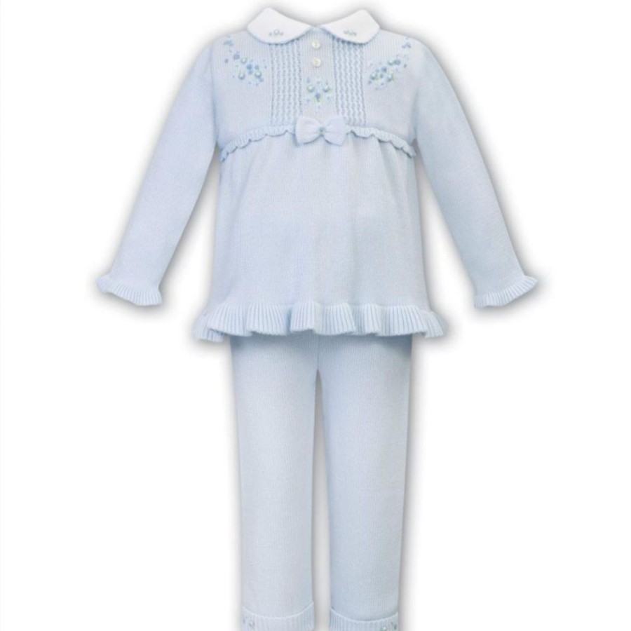 Clothing Sarah Louise Knitwear | Blue Knitted Hand Smocked Detailed 2 Piece Set