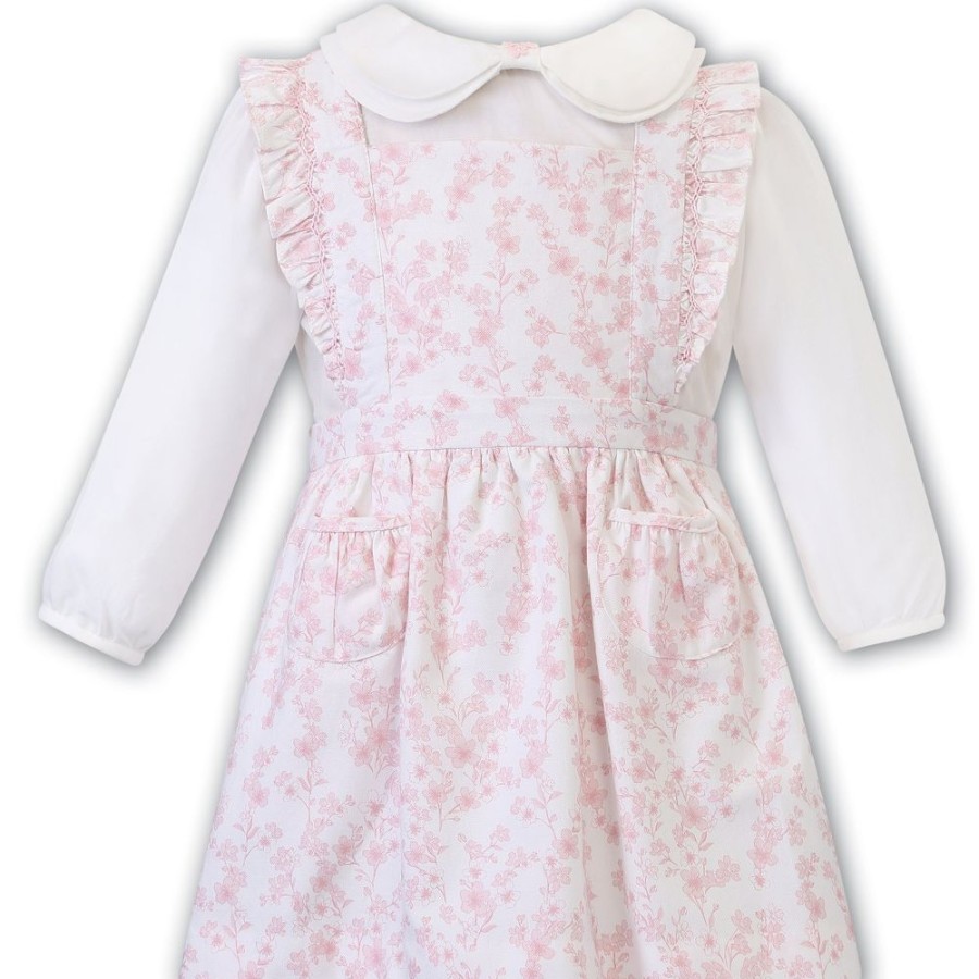 Clothing Sarah Louise Dresses | White Pink Pretty Floral Pinafore Dress Set