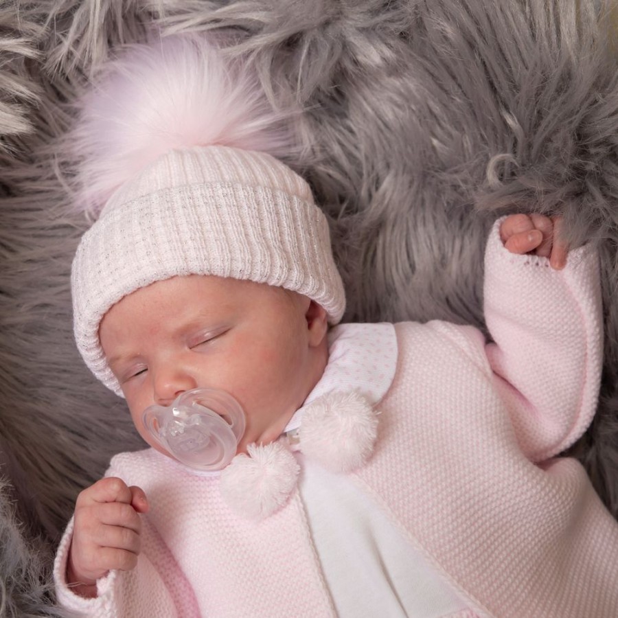 Clothing Millie & Ralph Hats | First Size Pink And Silver Ribbed Fur Single Pom Hat