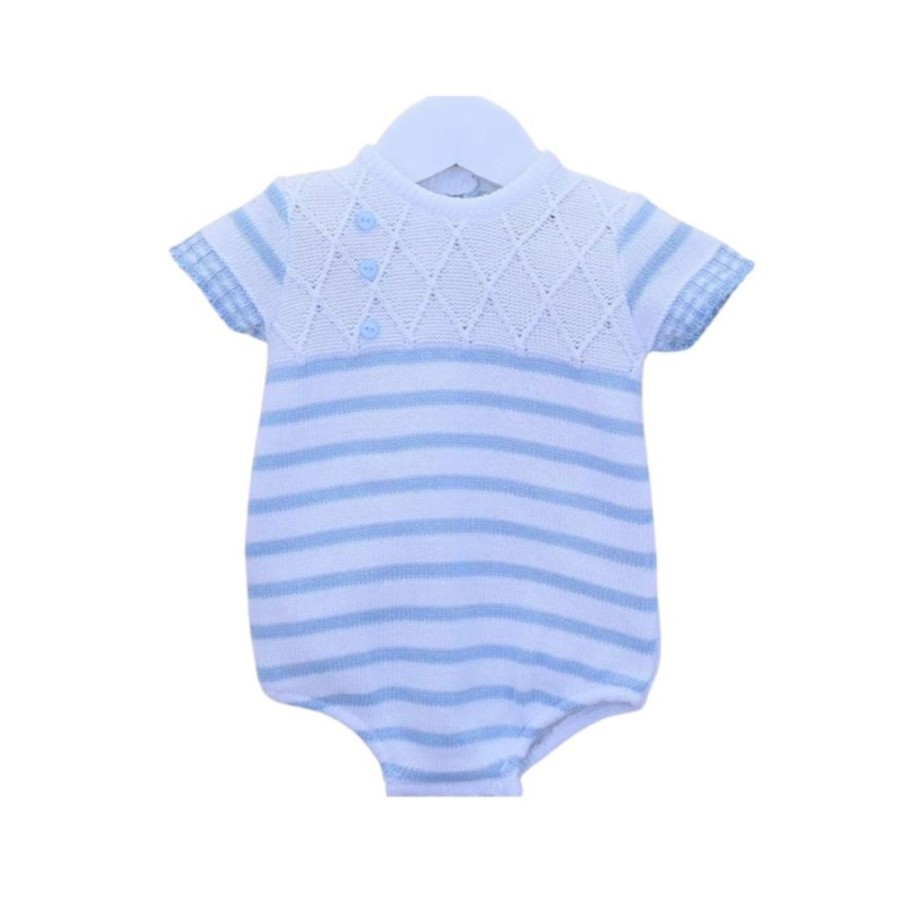 Clothing Pex Rompers | Joshua' White Knitted Blue Stripe Romper