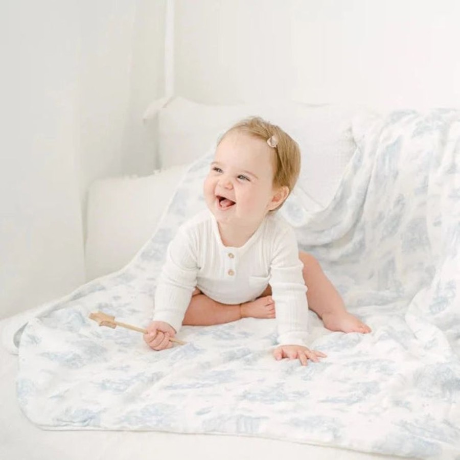 Clothing Millie & Ralph Blankets | Gilded Bird Bamboo Baby Muslin Blanket - Spring Toile Blue