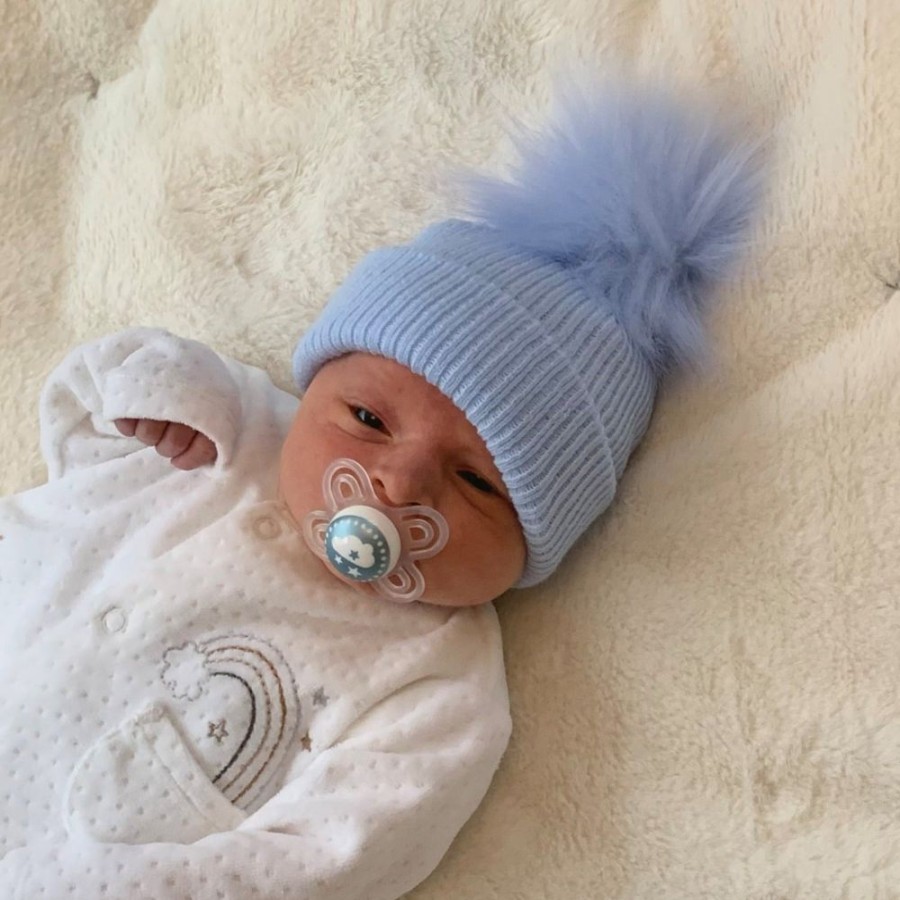 Clothing Millie & Ralph Hats | First Size Sky Blue Ribbed Fur Pom Hat