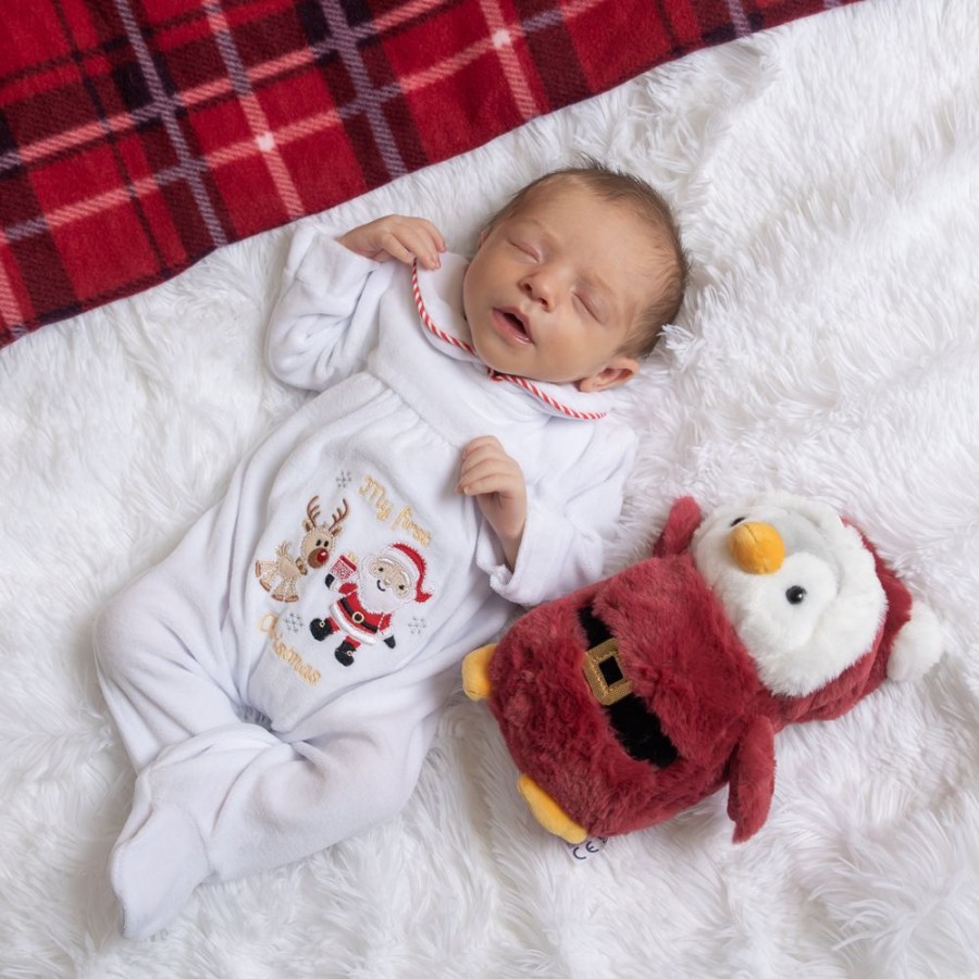 Clothing Dandelion Sleepsuits | White Velour 'First Christmas' Embroidered Sleepsuit