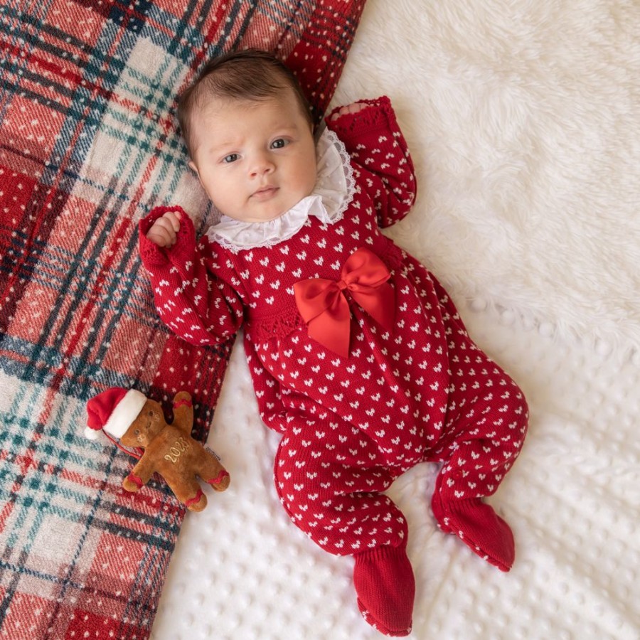 Clothing Pex Sleepsuits | Phoebe' Red White Knitted Bow All In One