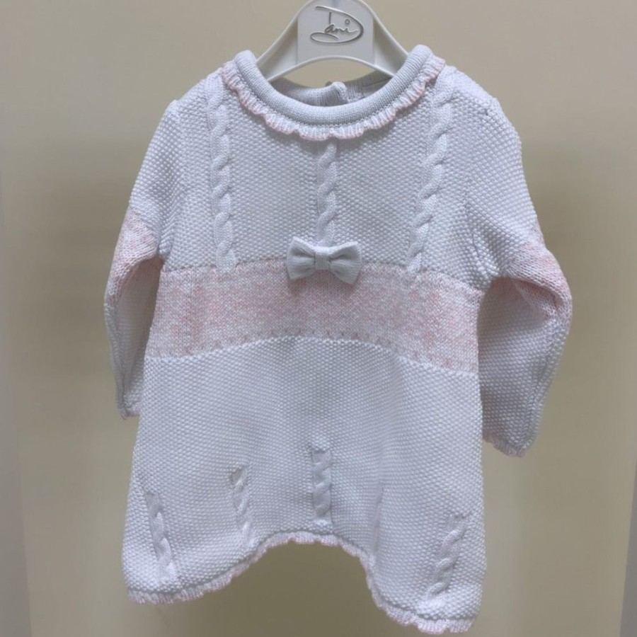 Clothing Sarah Louise Outfits | White Pink Bow Fairisle Knitted Dress