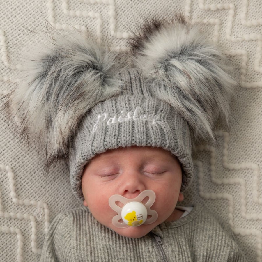 Personalised Millie & Ralph | Personalised Baby Pom Hat In Grey | Millie & Ralph