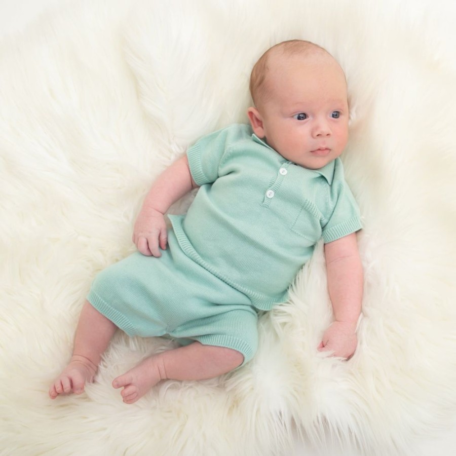 Clothing Millie & Ralph Knitwear | Sage Green Knitted Polo Shorts Set