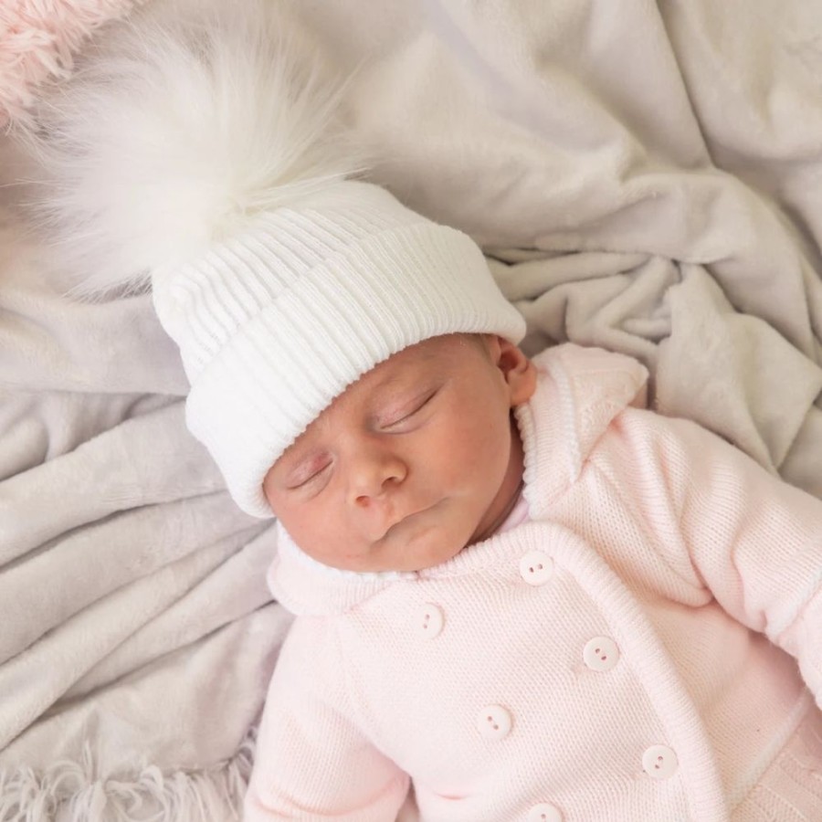 Clothing Millie & Ralph Hats | First Size White Ribbed Fur Pom Hat