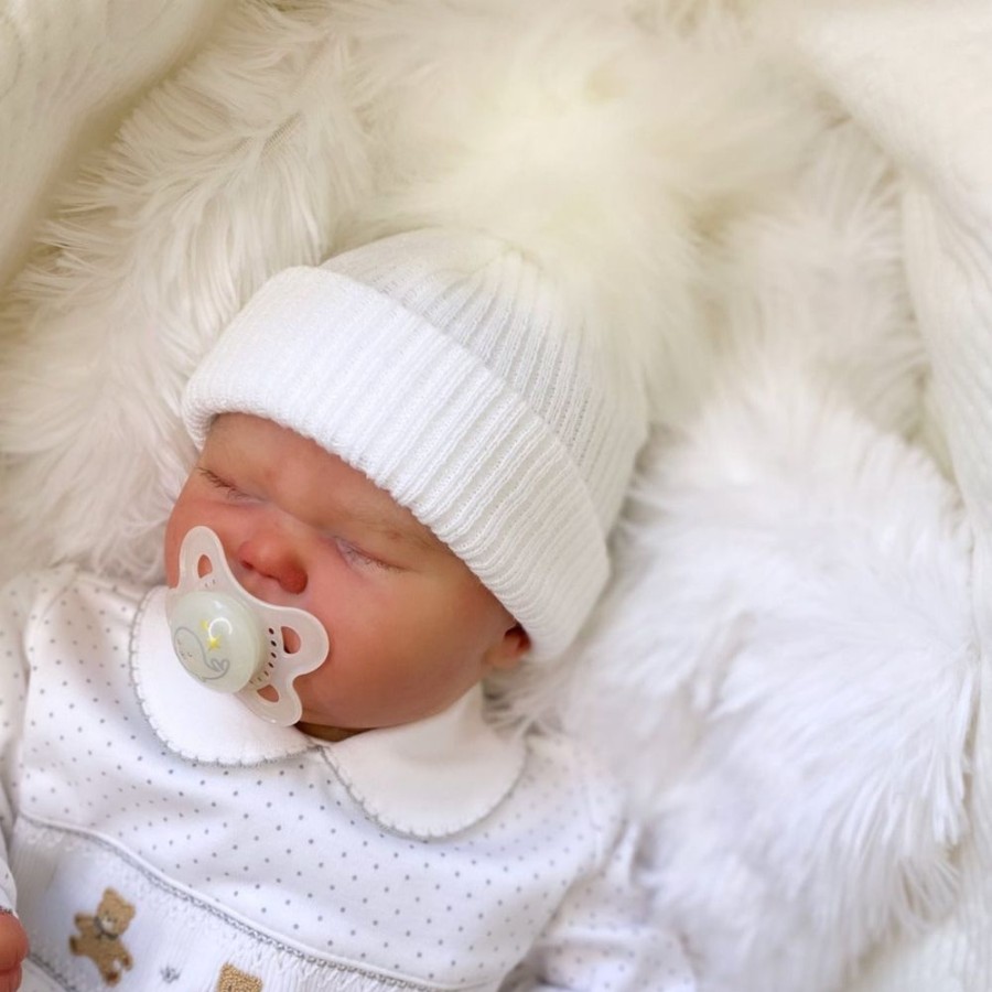 Clothing Millie & Ralph Hats | First Size White Ribbed Fur Pom Hat