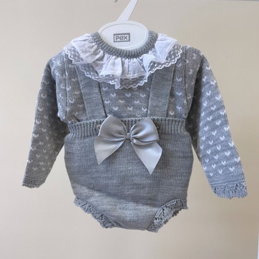 Clothing Pex Rompers | Phoebe' Grey White Knitted Bow Dungaree Romper