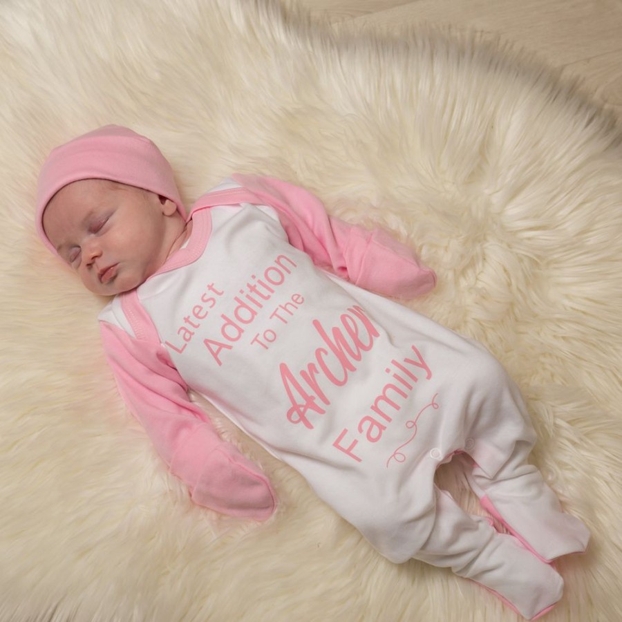 Personalised Millie & Ralph | Personalised 'Latest Addition To The...Family' Pink Sleepsuit Set