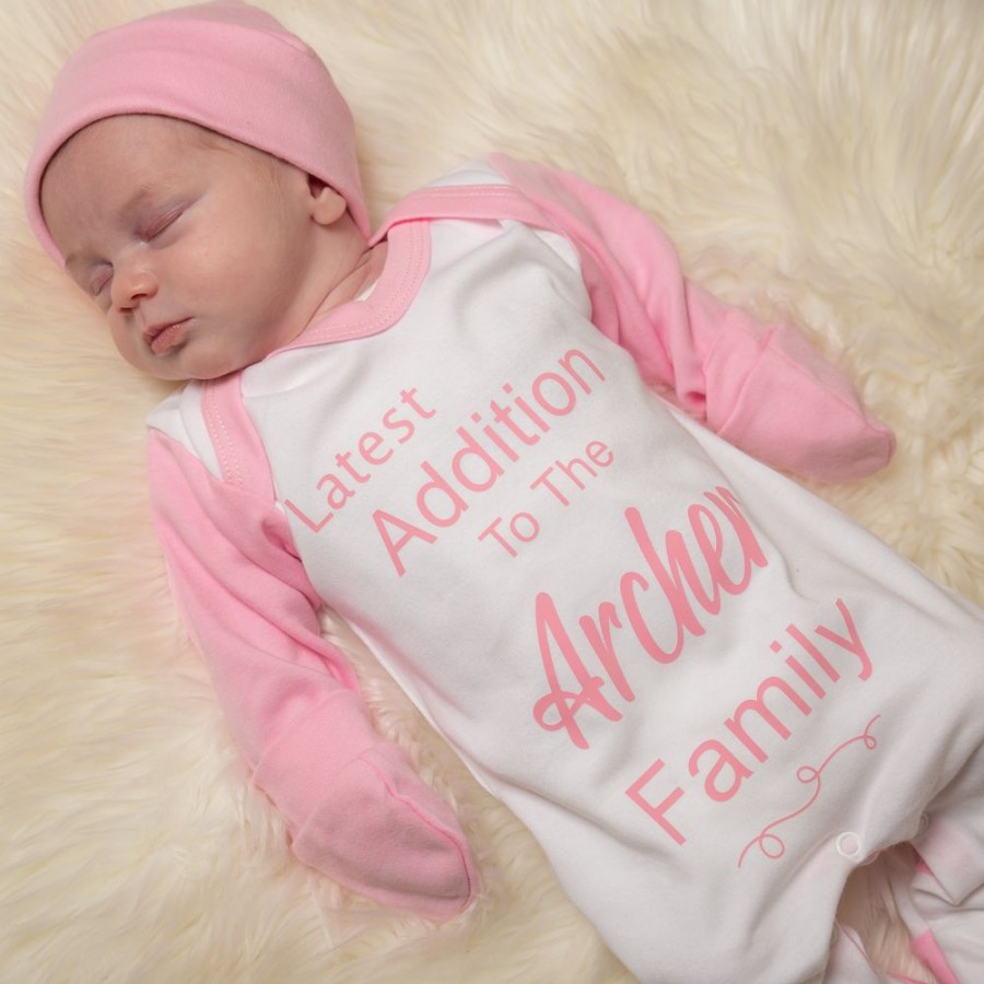 Personalised Millie & Ralph | Personalised 'Latest Addition To The...Family' Pink Sleepsuit Set