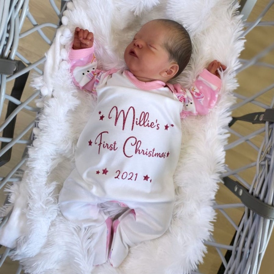 Personalised Millie & Ralph | Personalised Pink Snowman 'First Christmas' Sleepsuit