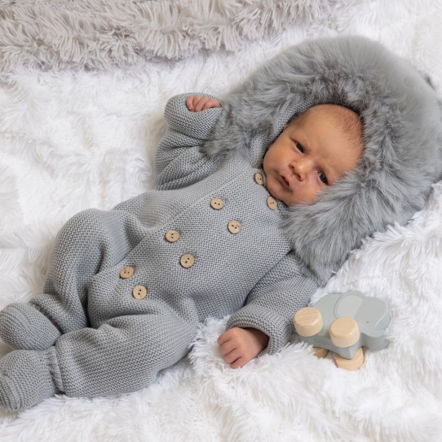 Clothing Pangasa Jackets, Coats & Pramsuits | Pangasa Grey Faux Fur Hood Knitted Pramsuit