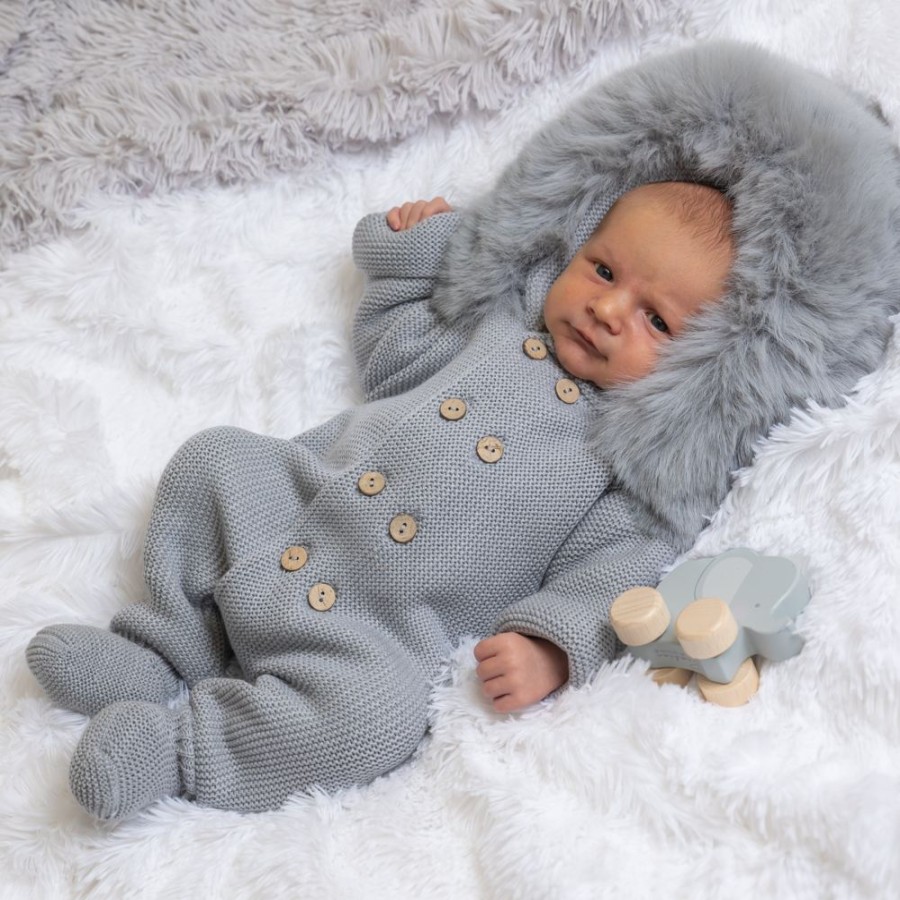 Clothing Pangasa Jackets, Coats & Pramsuits | Pangasa Grey Faux Fur Hood Knitted Pramsuit