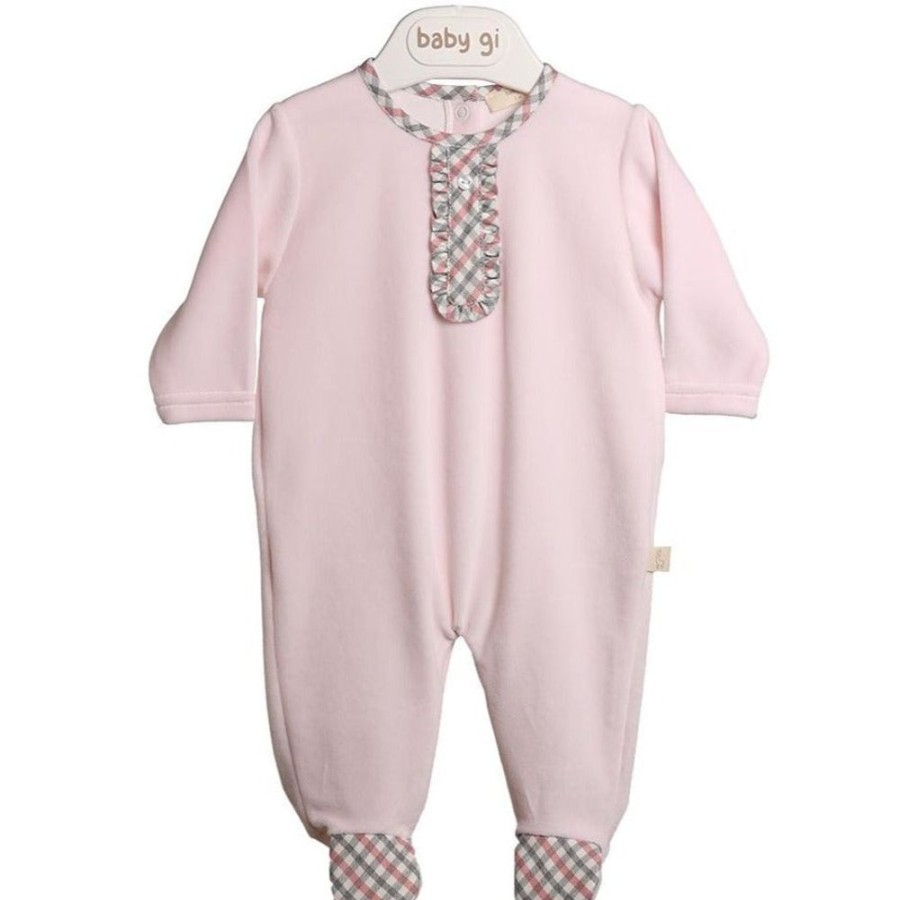 Clothing Millie & Ralph Outfits | Baby Pink Velour Gingham Frill Chest All In One