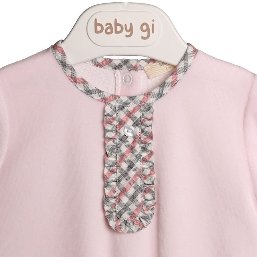 Clothing Millie & Ralph Outfits | Baby Pink Velour Gingham Frill Chest All In One