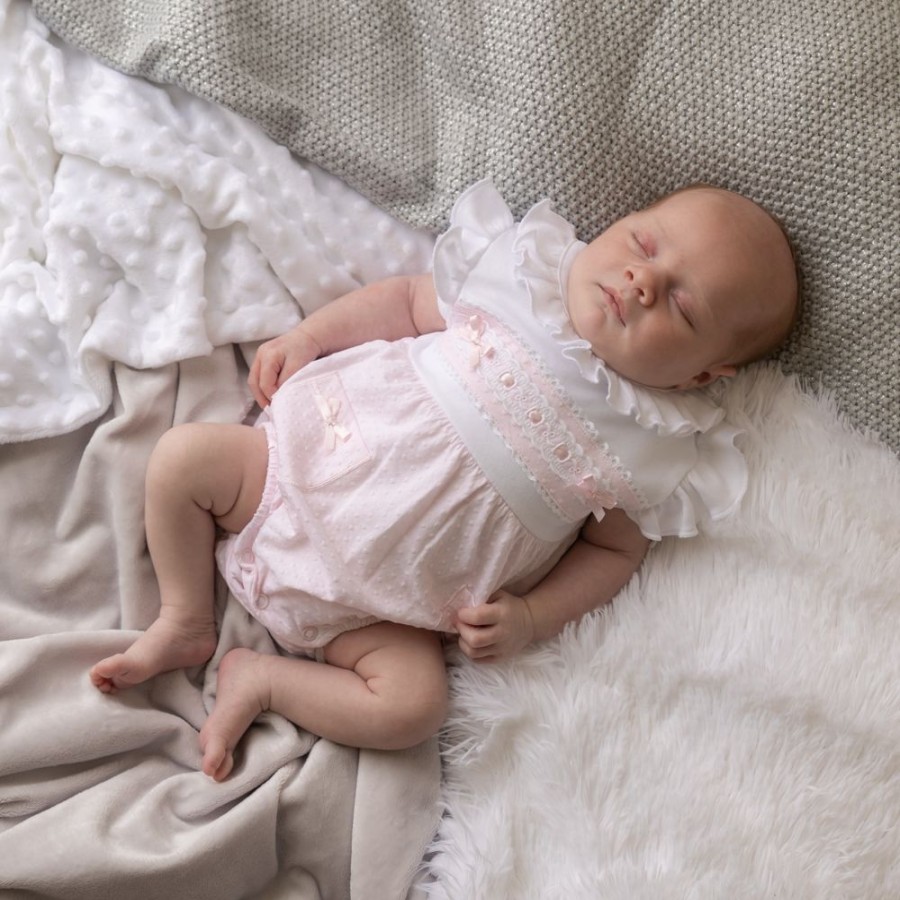 Clothing Dandelion Rompers | Pink & White Ruffles & Lace Bubble Romper